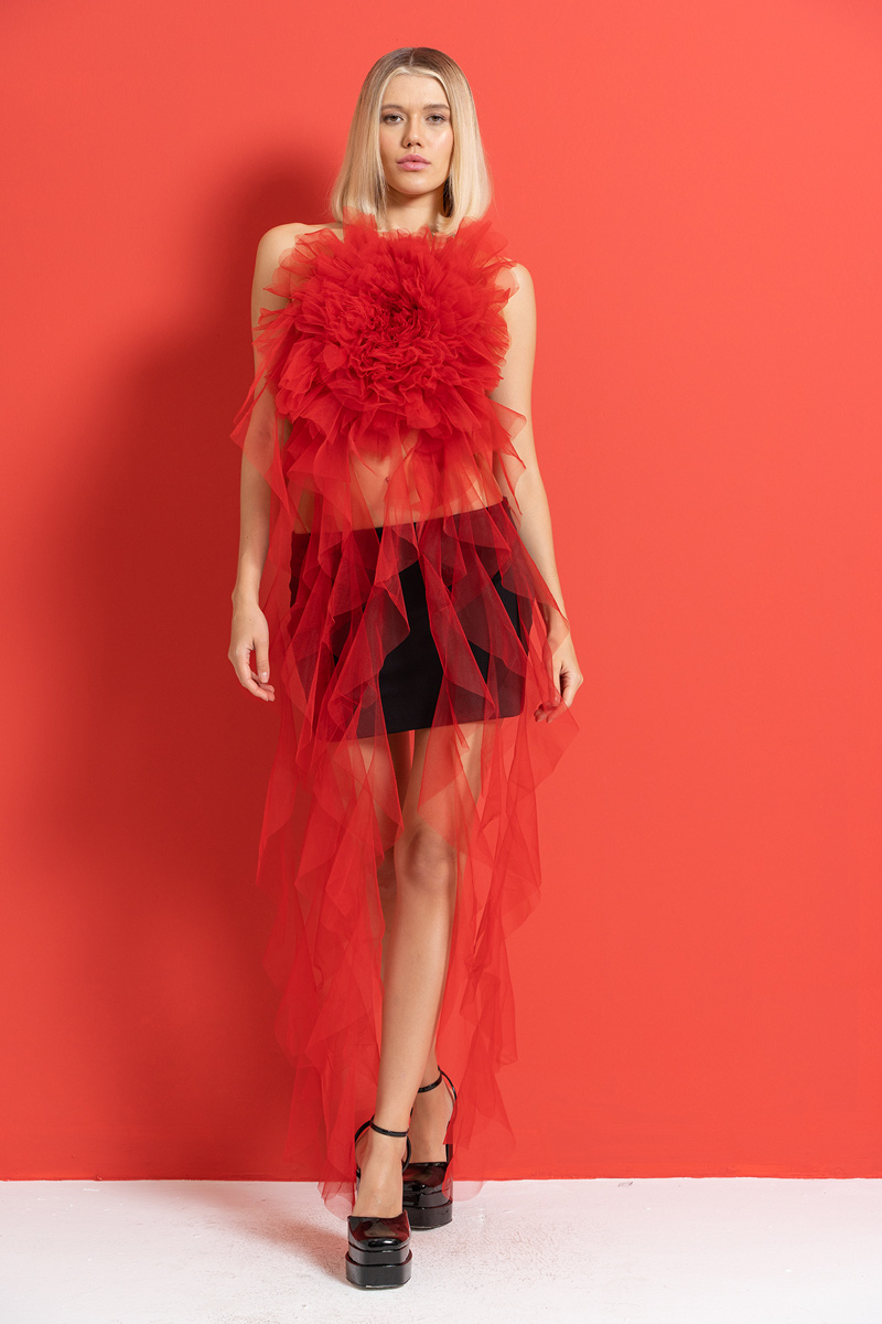 Kırmızı Fırfır Tüllü Güllü Büstiyer