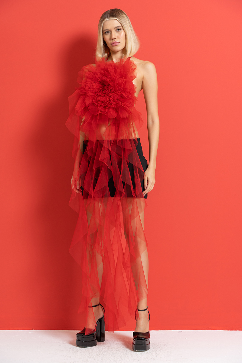 Kırmızı Fırfır Tüllü Güllü Büstiyer