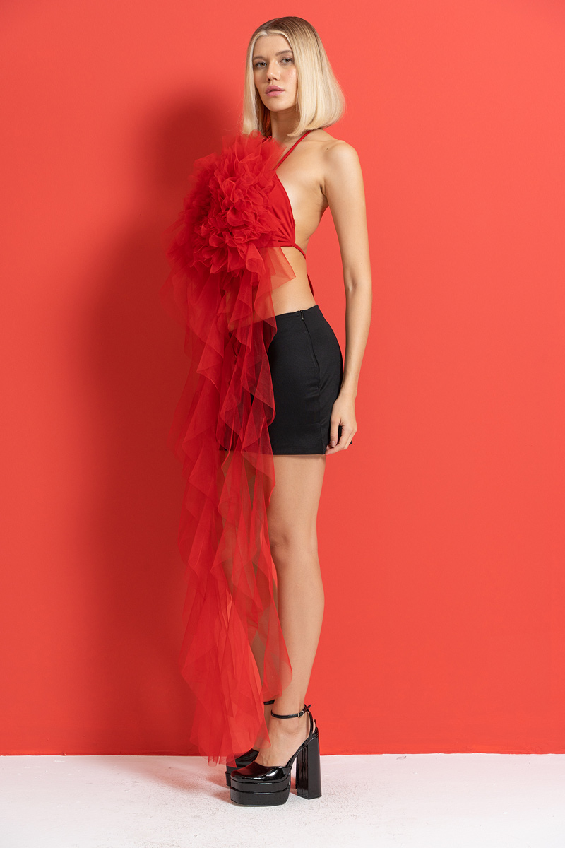 Kırmızı Fırfır Tüllü Güllü Büstiyer