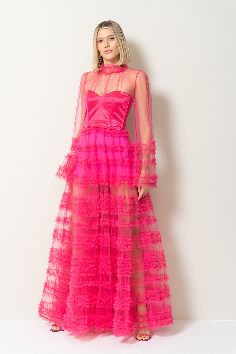 Fuşya Fırfırlı Maxi Transparan Elbise