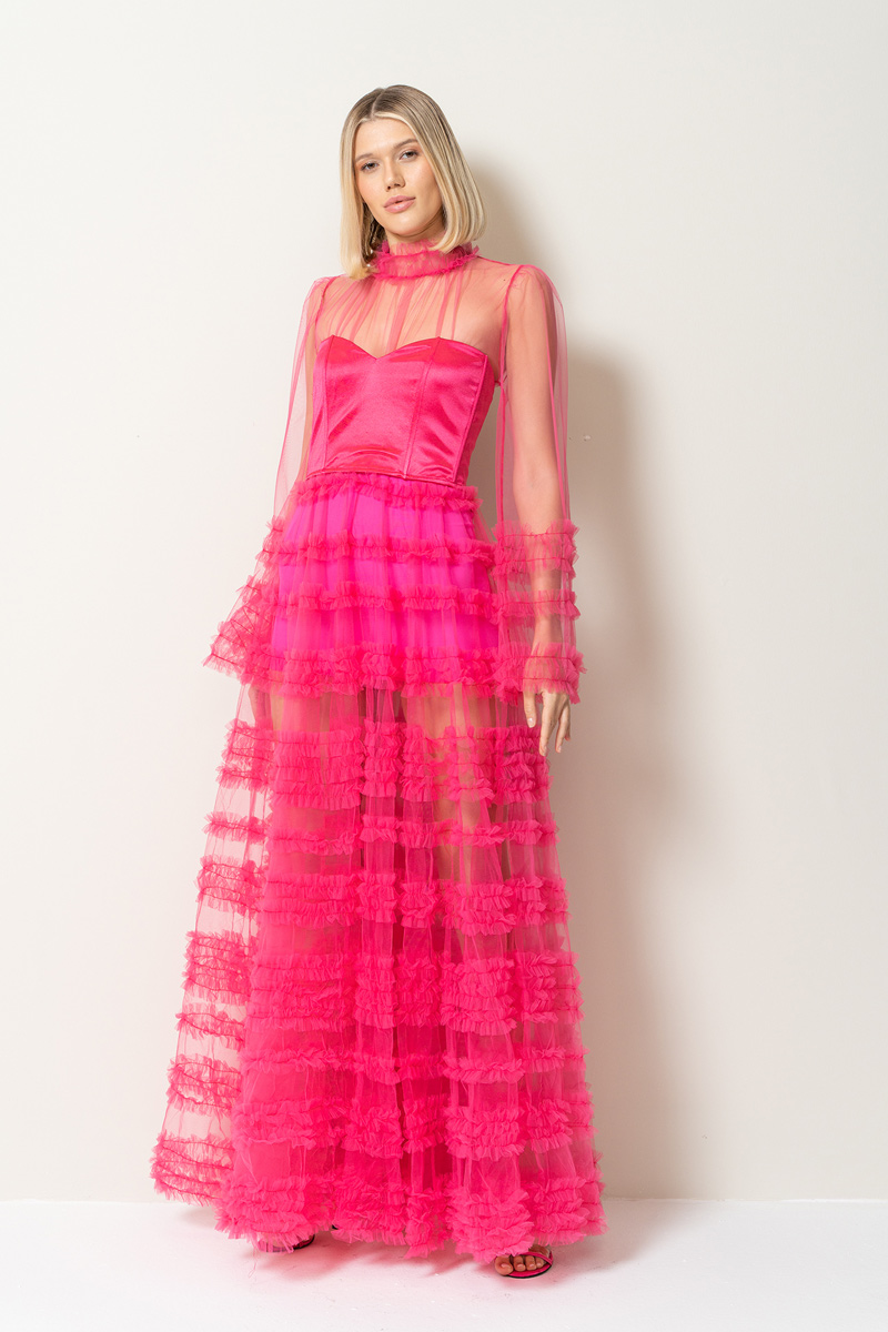 Fuşya Fırfırlı Maxi Transparan Elbise