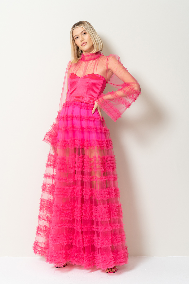 Fuşya Fırfırlı Maxi Transparan Elbise
