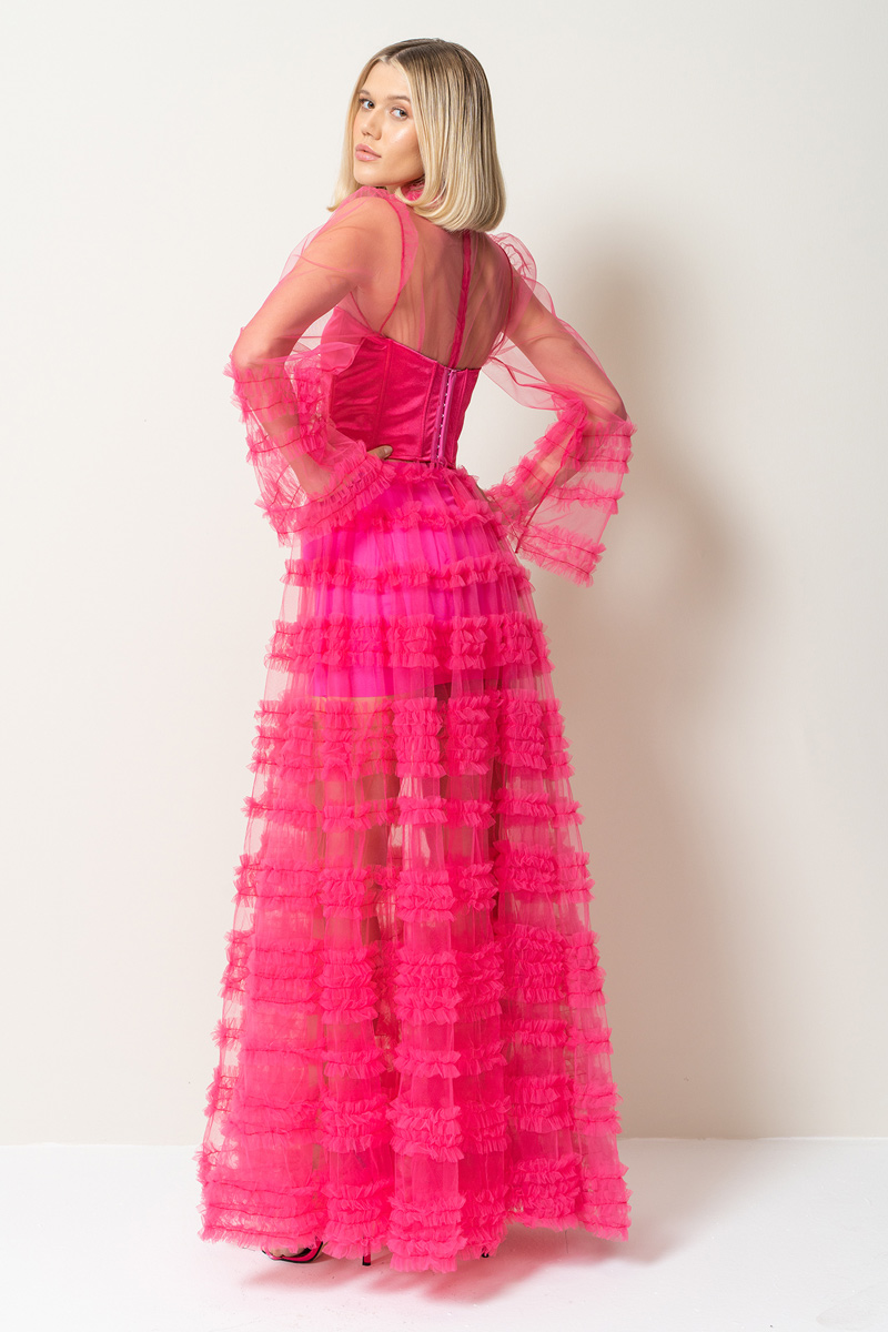 Fuşya Fırfırlı Maxi Transparan Elbise