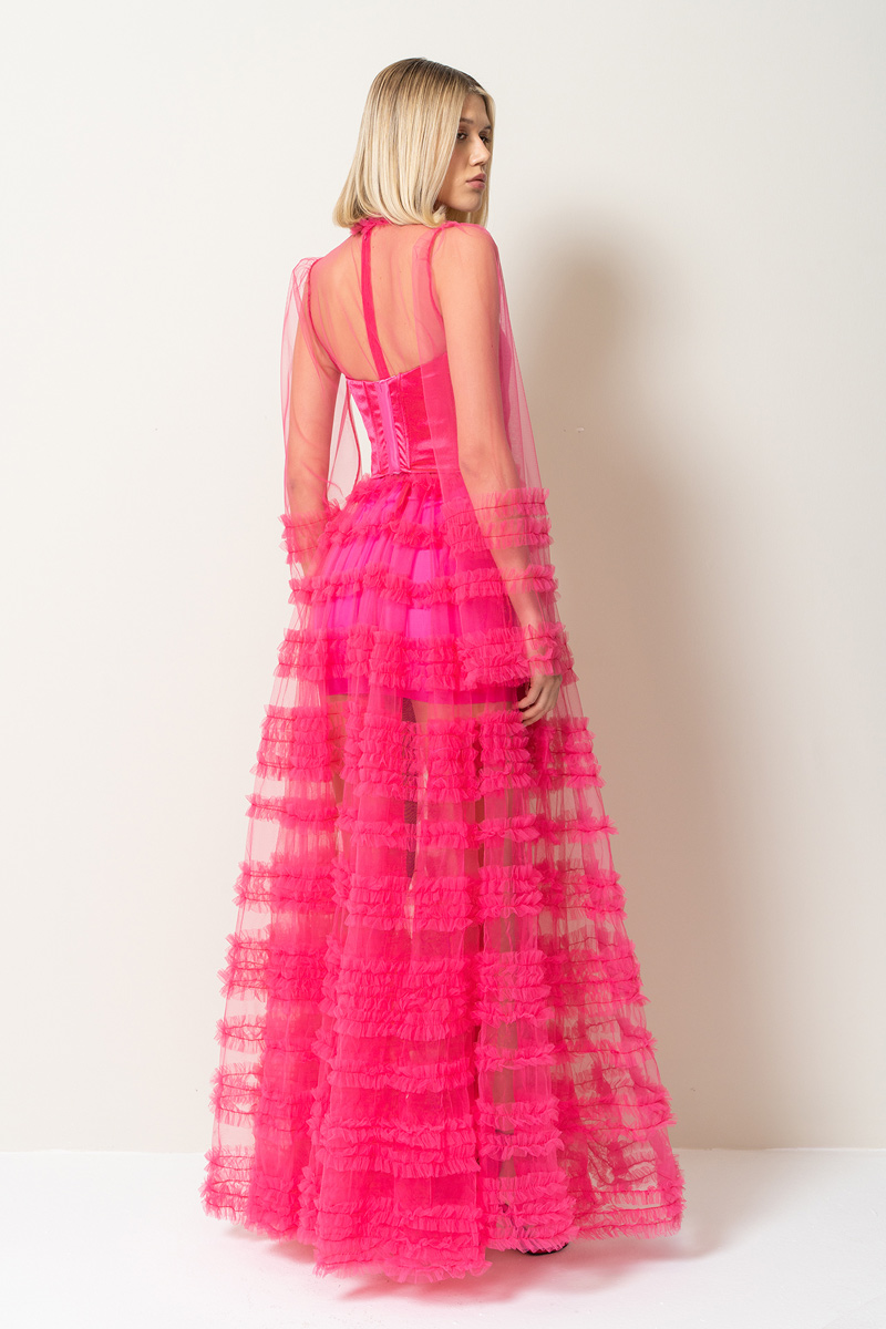 Fuşya Fırfırlı Maxi Transparan Elbise