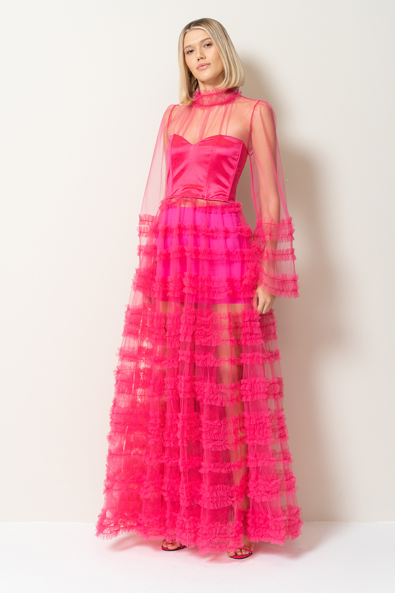 Fuşya Fırfırlı Maxi Transparan Elbise