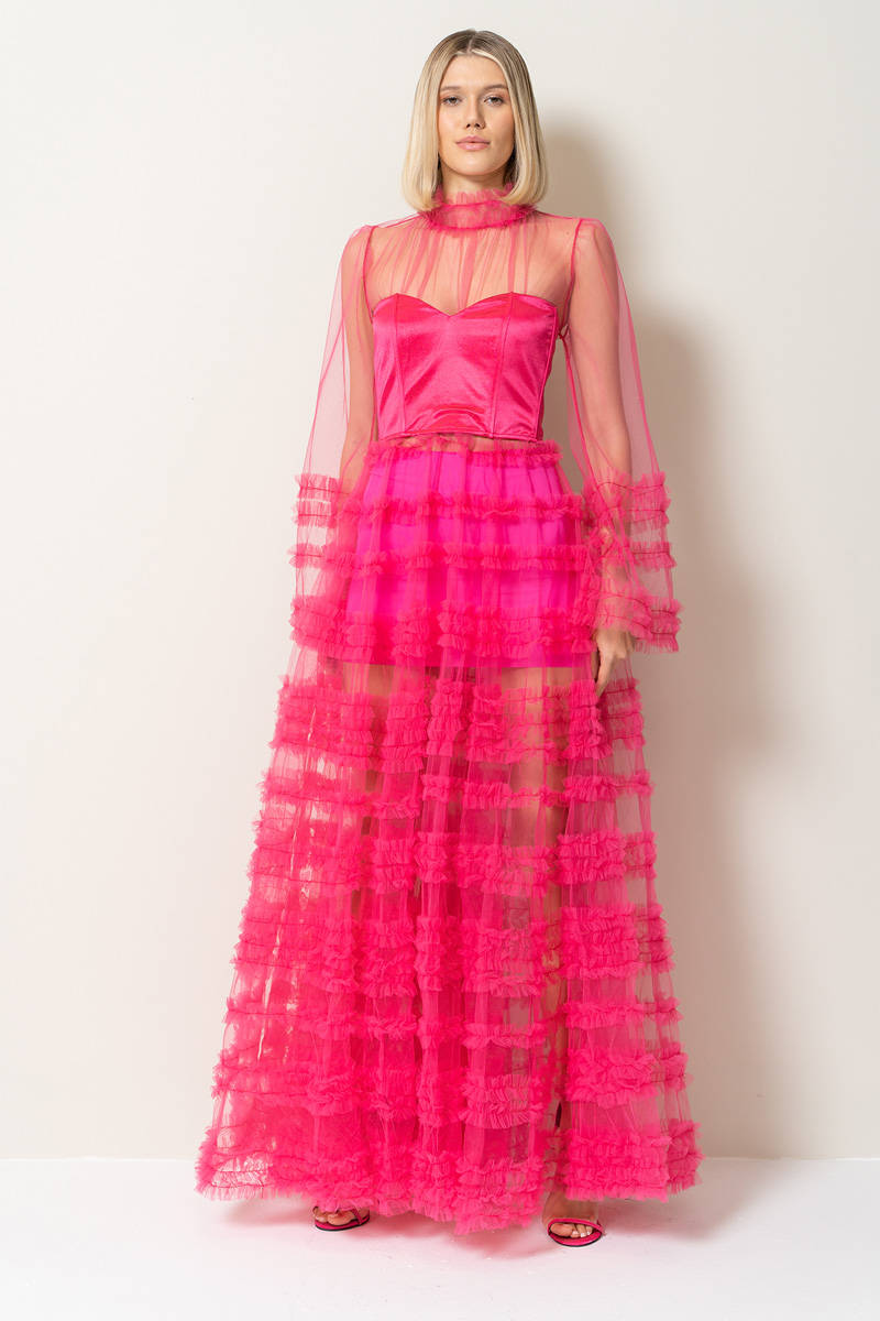 Fuşya Fırfırlı Maxi Transparan Elbise