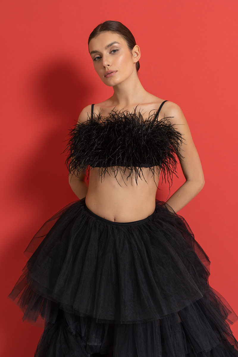 Siyah Askılı Tüylü Mini Büstiyer