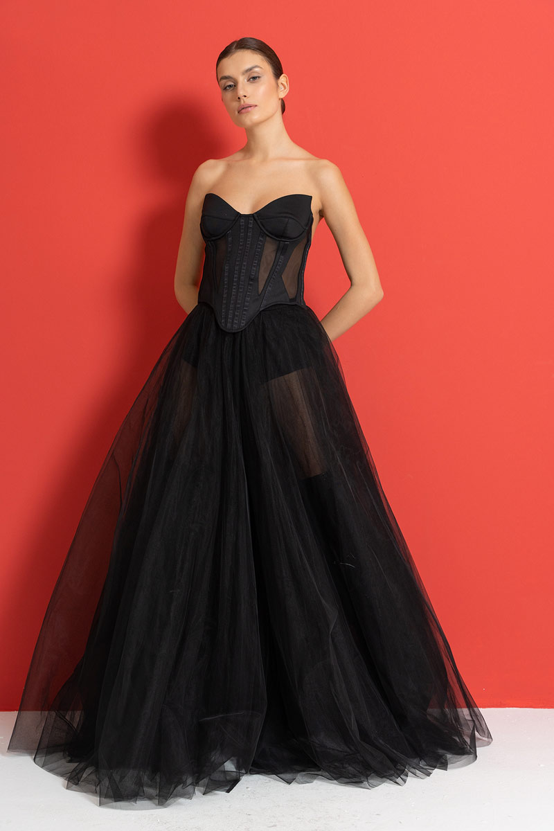 Siyah Balenli Straplez Tül Büstiyer