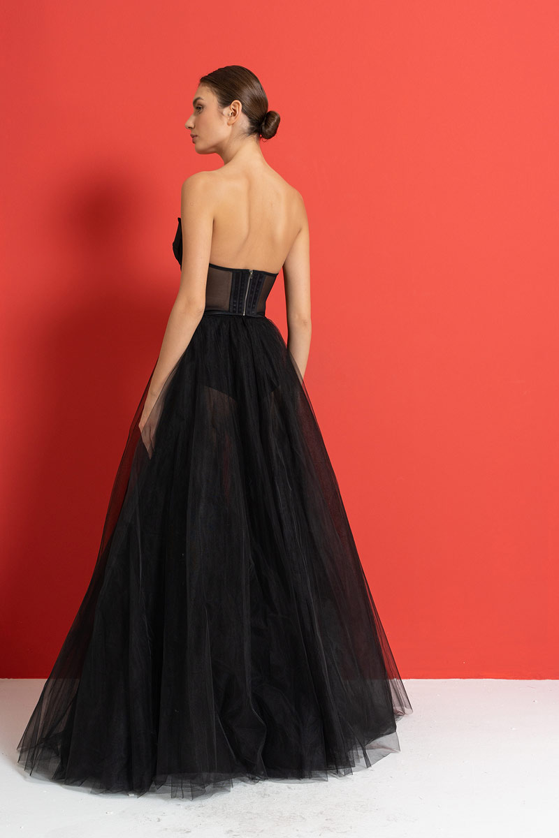 Siyah Balenli Straplez Tül Büstiyer