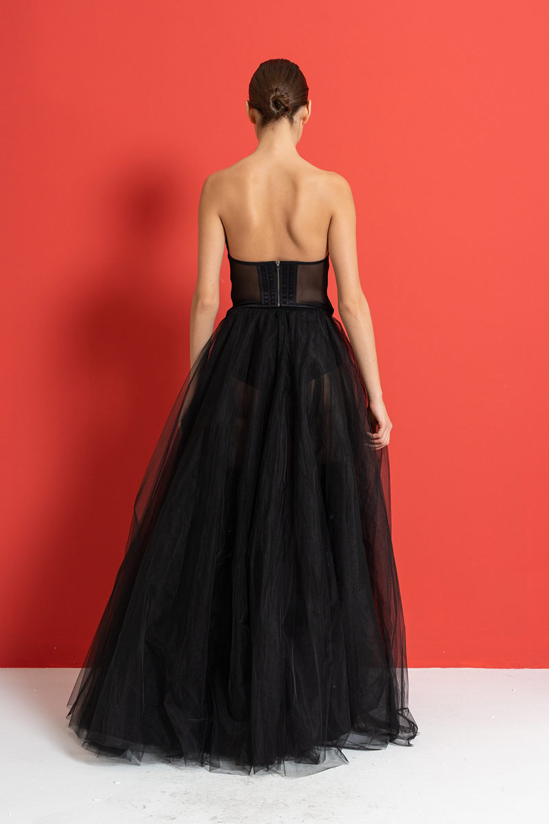 Siyah Balenli Straplez Tül Büstiyer