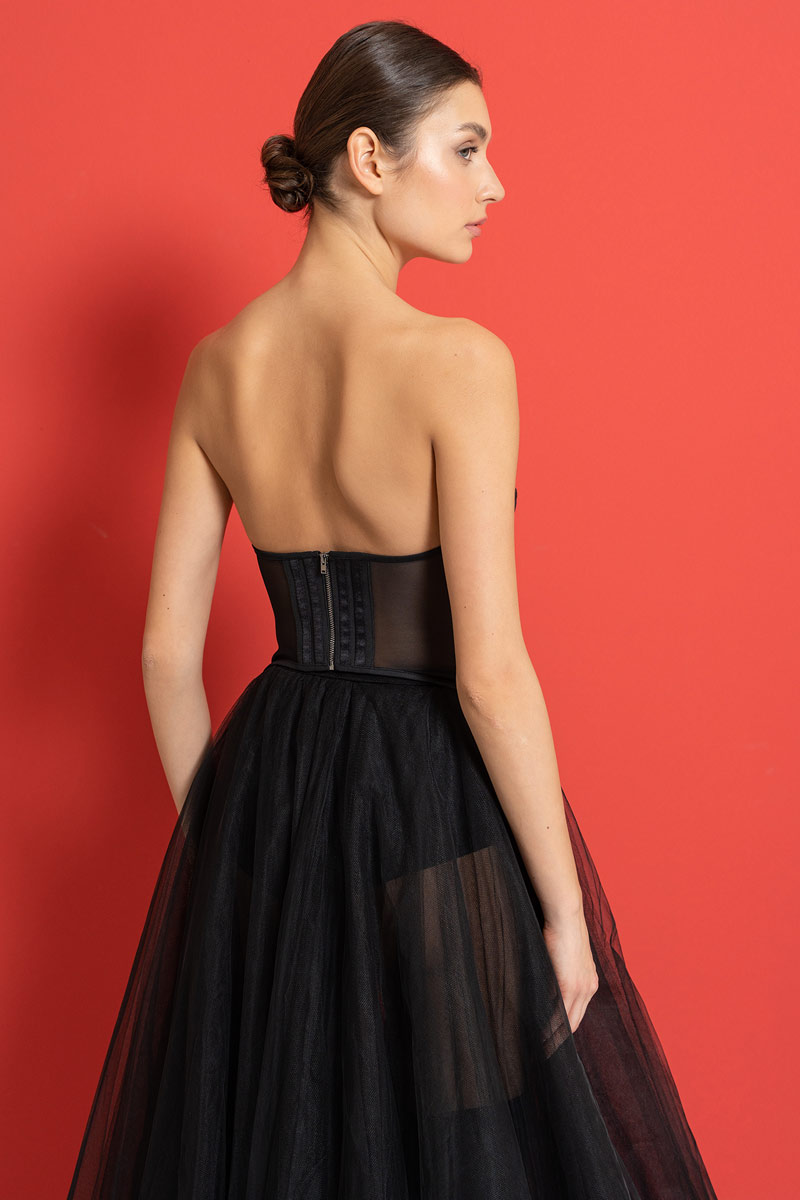 Siyah Balenli Straplez Tül Büstiyer