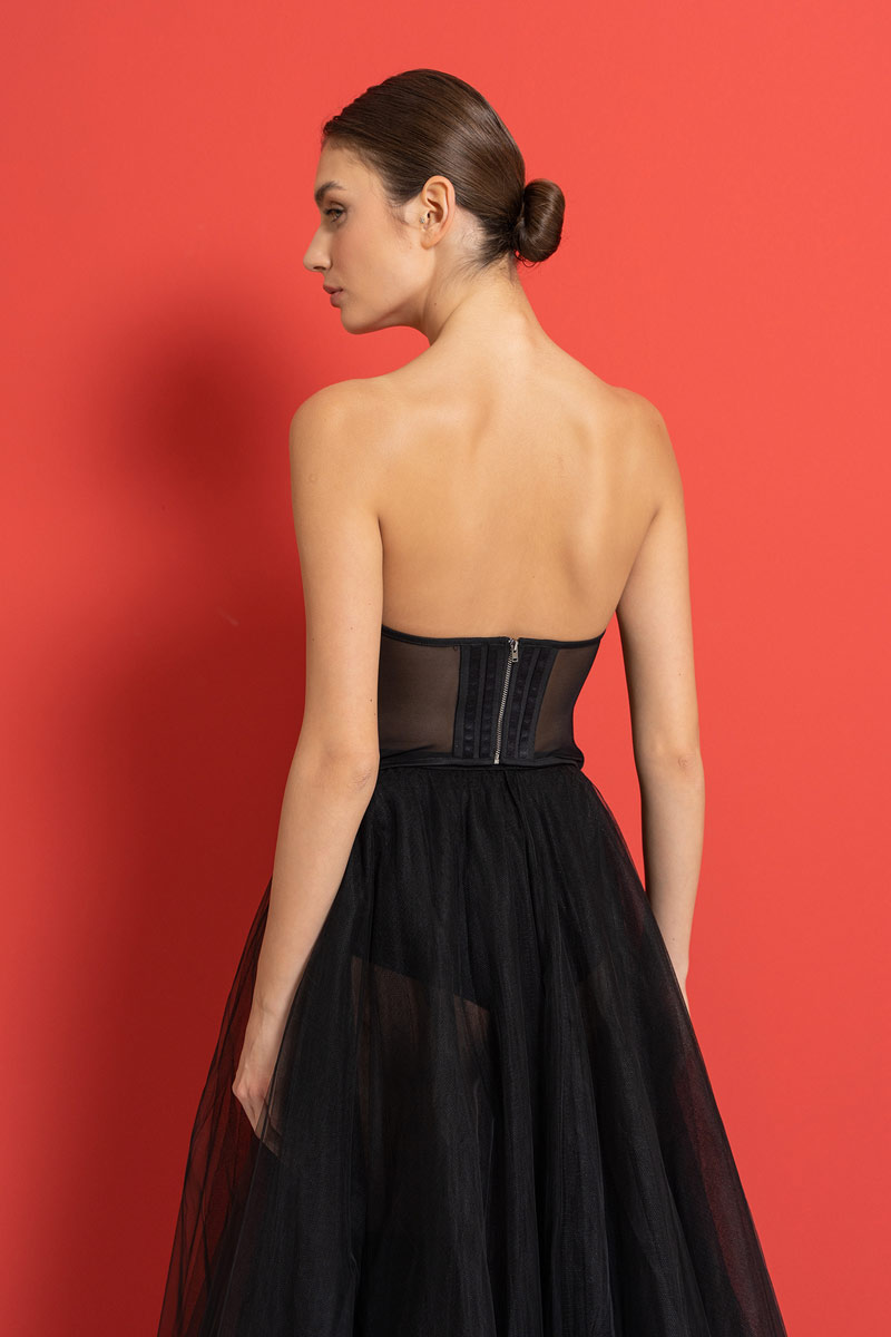 Siyah Balenli Straplez Tül Büstiyer