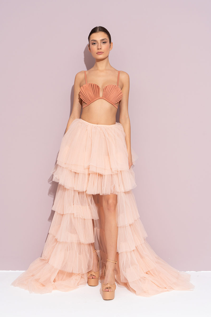 Volanlı Nude Tül Etek