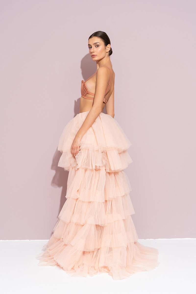 Volanlı Nude Tül Etek