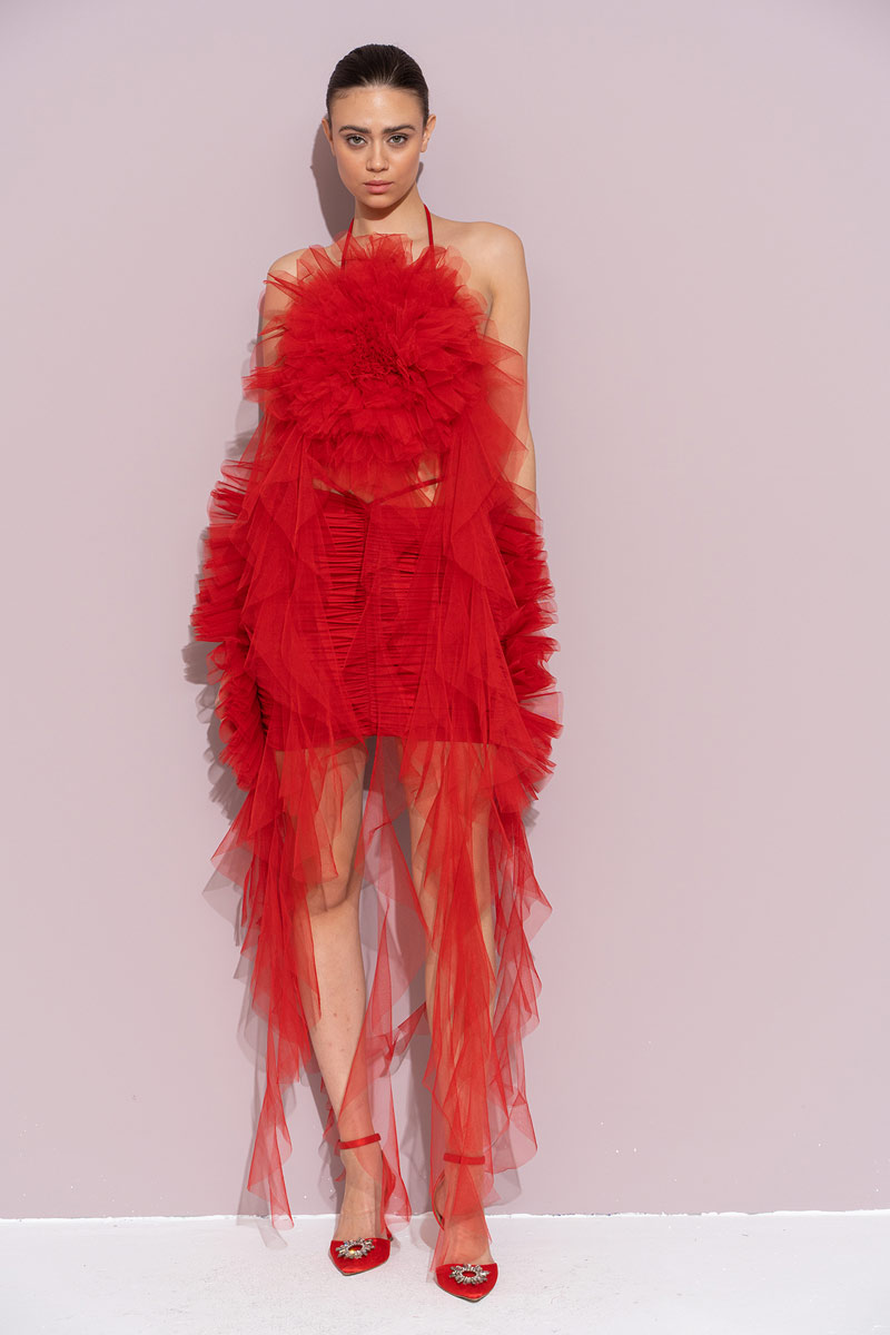 Kırmızı Biye Bağlamalı Güllü Saçaklı Büstiyer