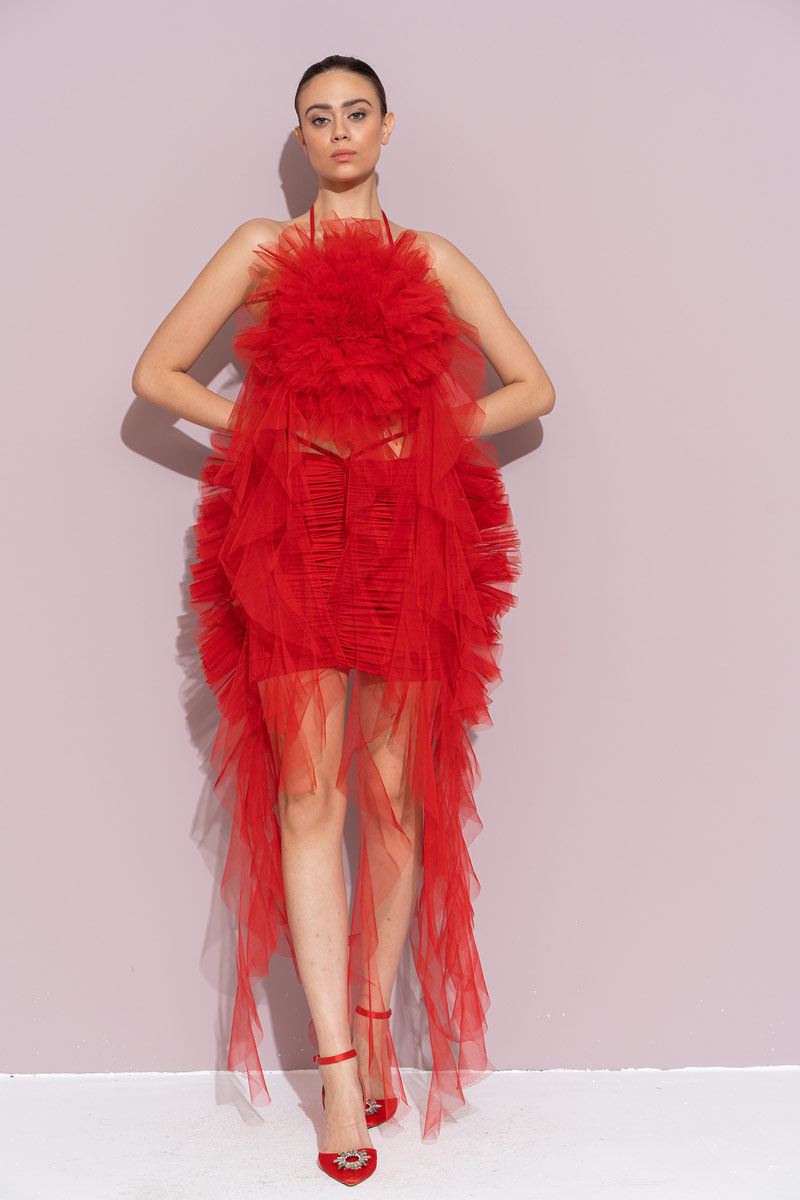 Kırmızı Biye Bağlamalı Güllü Saçaklı Büstiyer