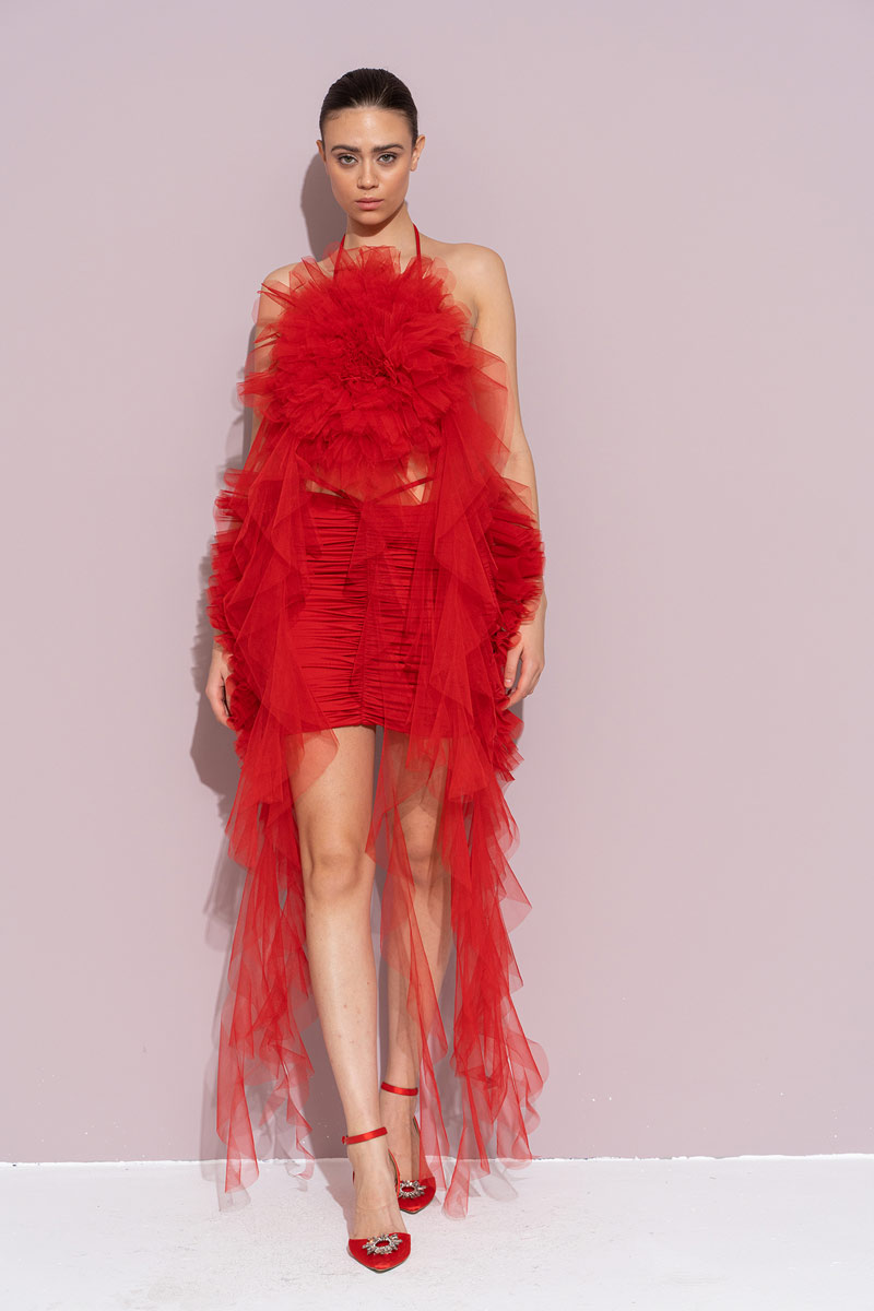 Kırmızı Biye Bağlamalı Güllü Saçaklı Büstiyer