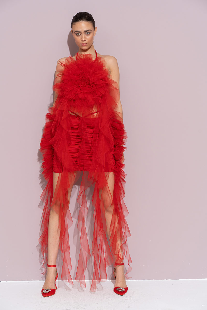 Kırmızı Biye Bağlamalı Güllü Saçaklı Büstiyer