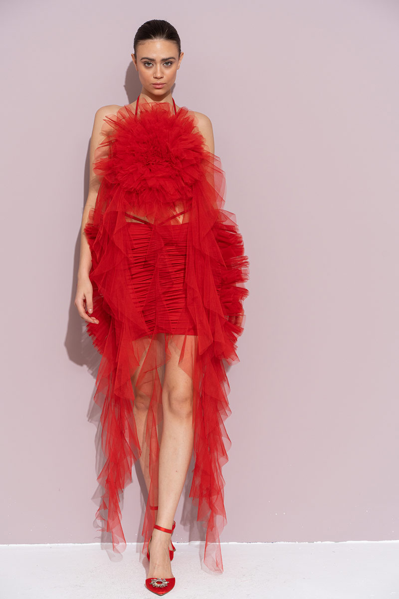 Kırmızı Biye Bağlamalı Güllü Saçaklı Büstiyer