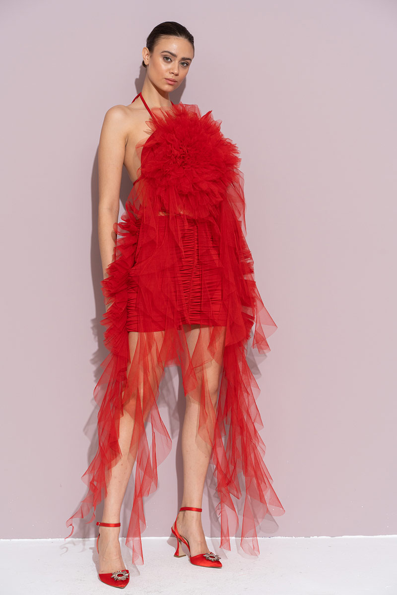 Kırmızı Biye Bağlamalı Güllü Saçaklı Büstiyer