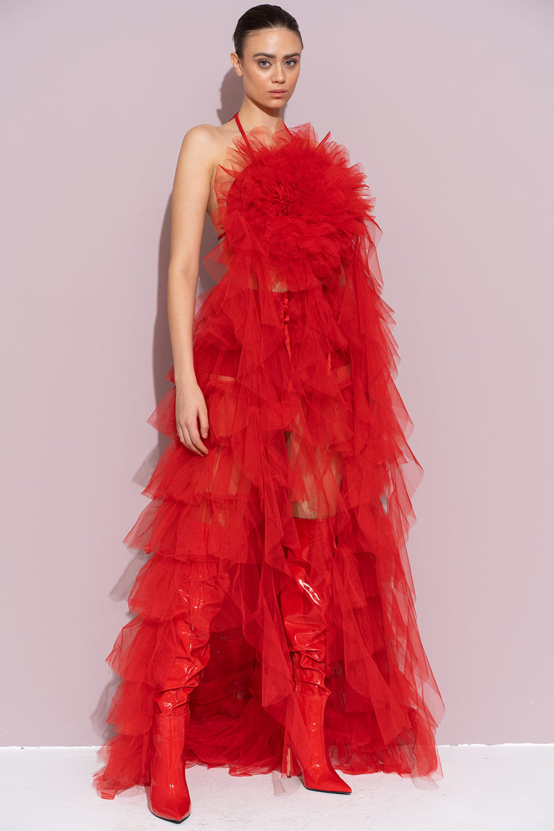 Kırmızı Biye Bağlamalı Güllü Saçaklı Büstiyer