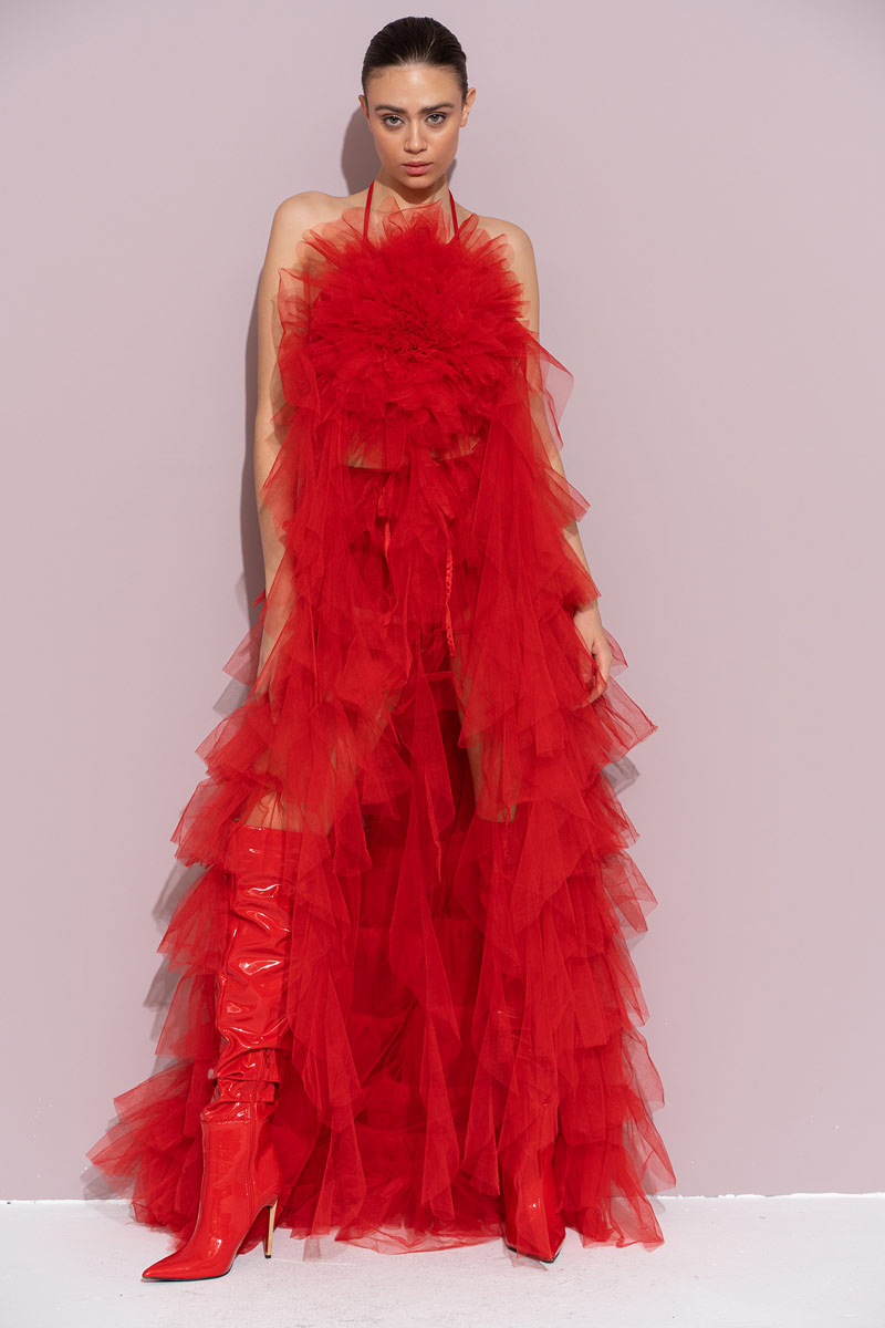 Kırmızı Biye Bağlamalı Güllü Saçaklı Büstiyer