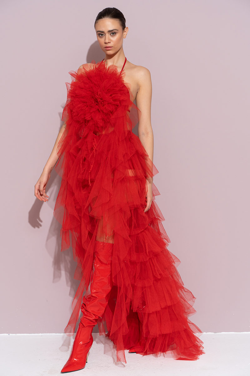 Kırmızı Biye Bağlamalı Güllü Saçaklı Büstiyer