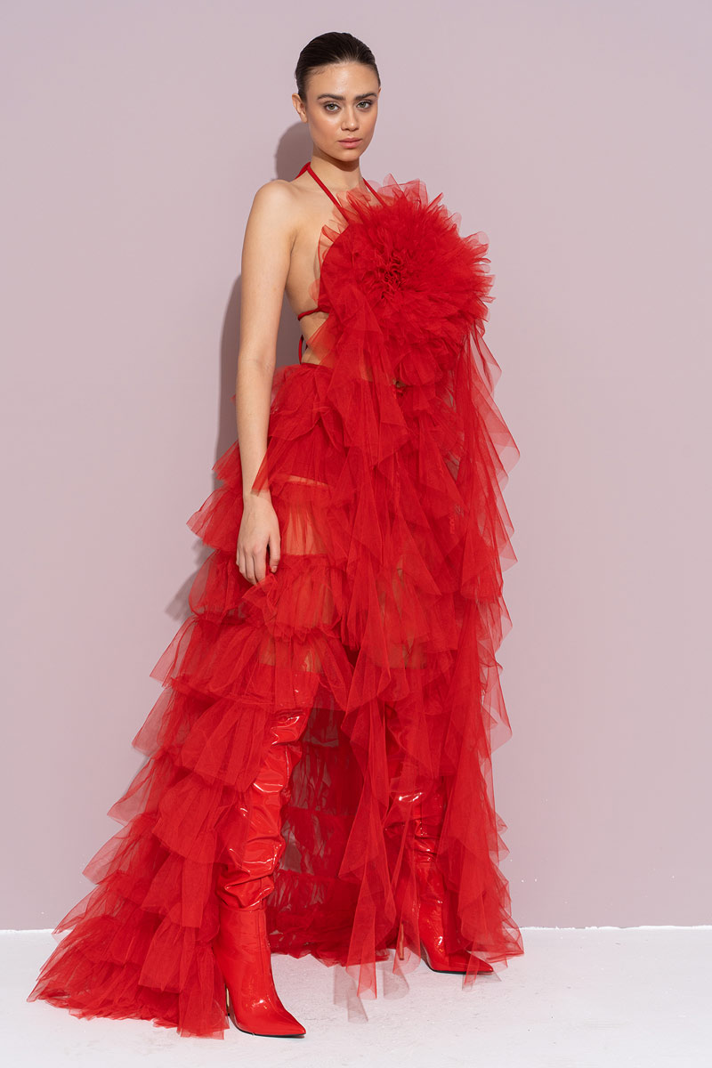 Kırmızı Biye Bağlamalı Güllü Saçaklı Büstiyer