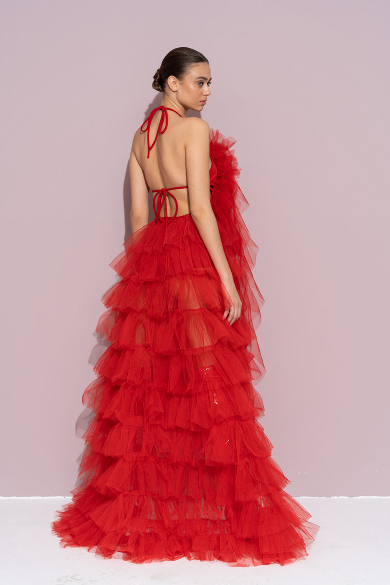 Kırmızı Biye Bağlamalı Güllü Saçaklı Büstiyer