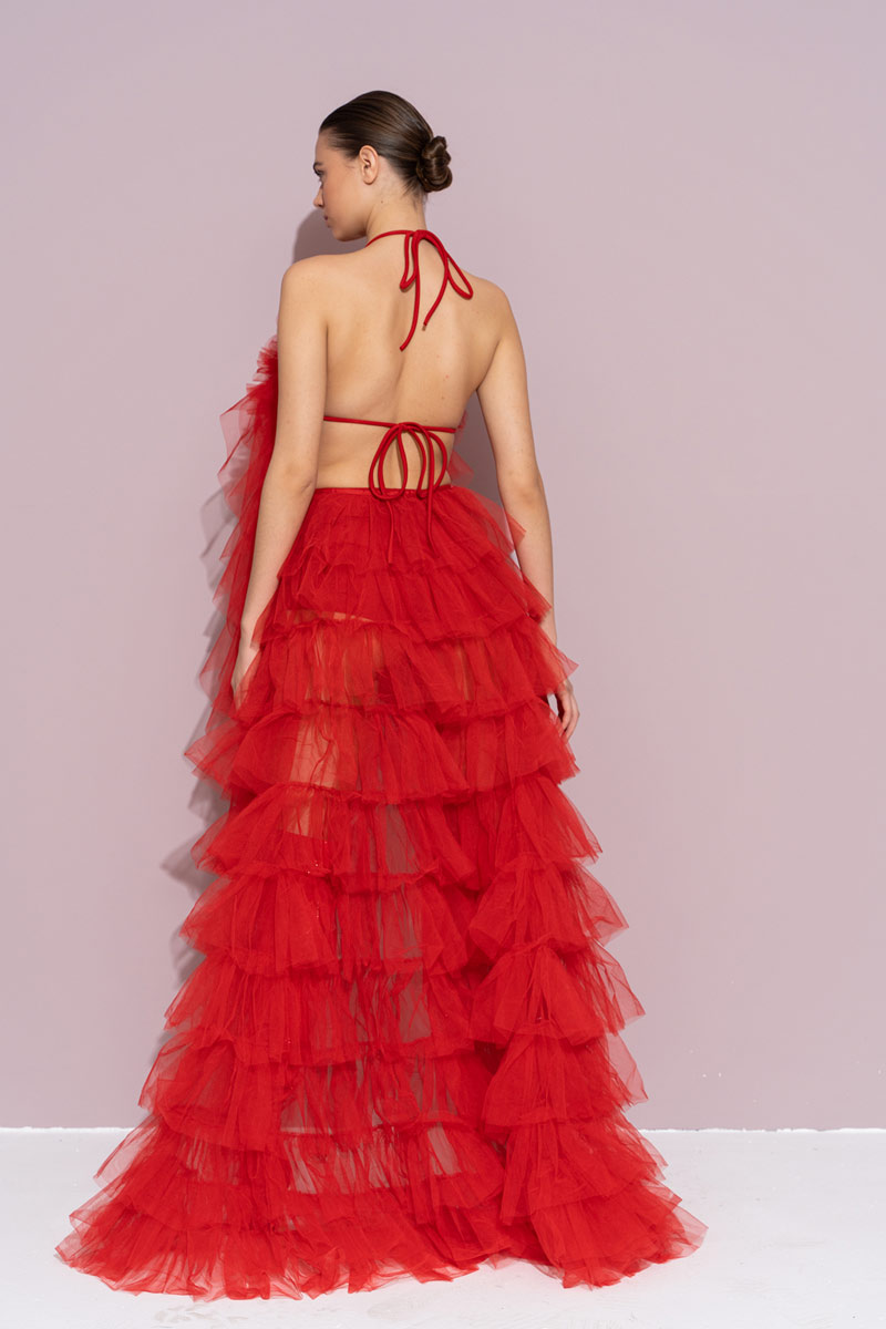 Kırmızı Biye Bağlamalı Güllü Saçaklı Büstiyer