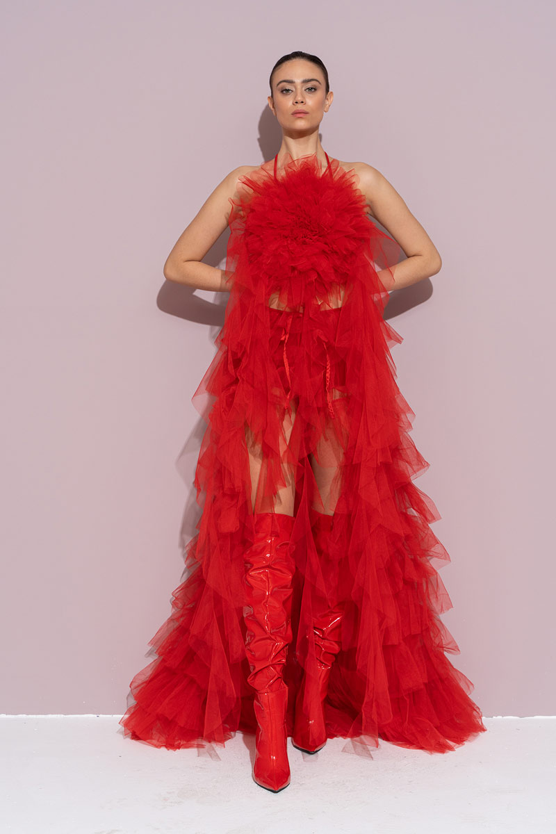 Kırmızı Biye Bağlamalı Güllü Saçaklı Büstiyer