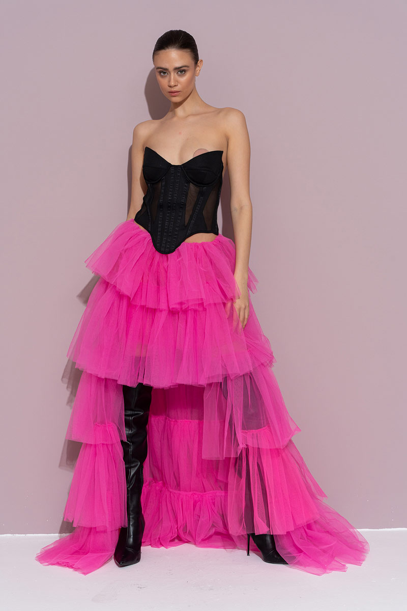 Siyah Balenli Straplez Tül Büstiyer