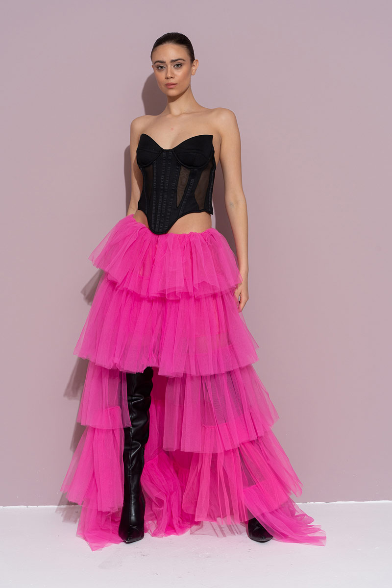 Siyah Balenli Straplez Tül Büstiyer