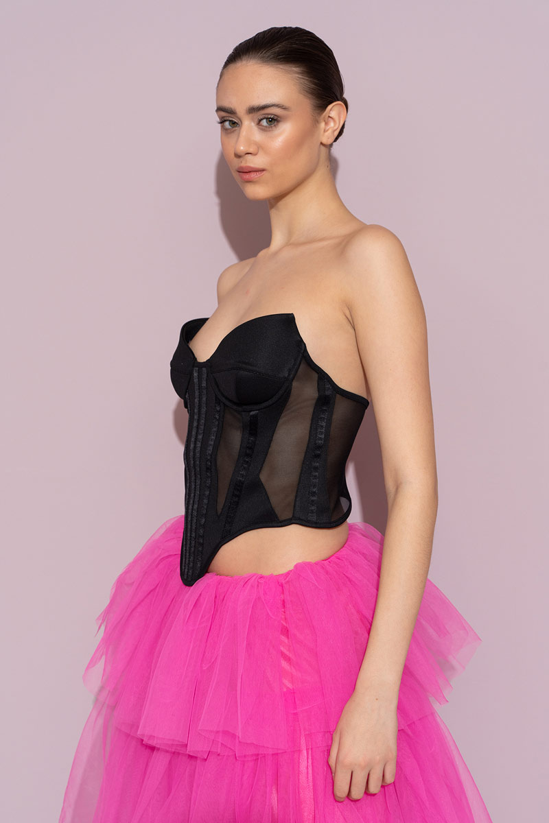 Siyah Balenli Straplez Tül Büstiyer