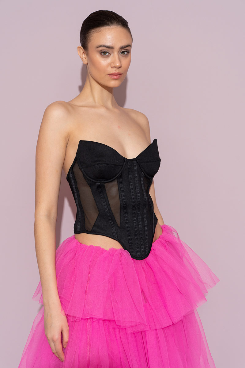 Siyah Balenli Straplez Tül Büstiyer