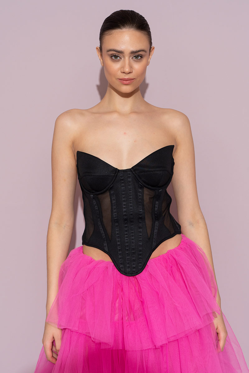 Siyah Balenli Straplez Tül Büstiyer