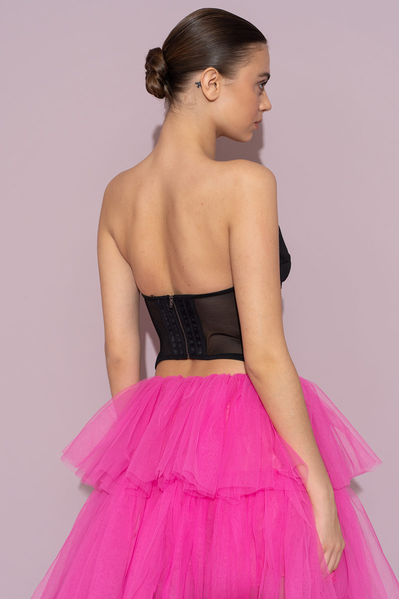 Siyah Balenli Straplez Tül Büstiyer