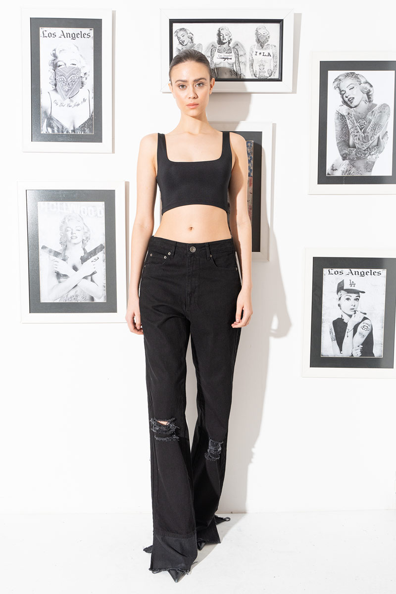Black Slit-Hem Jeans