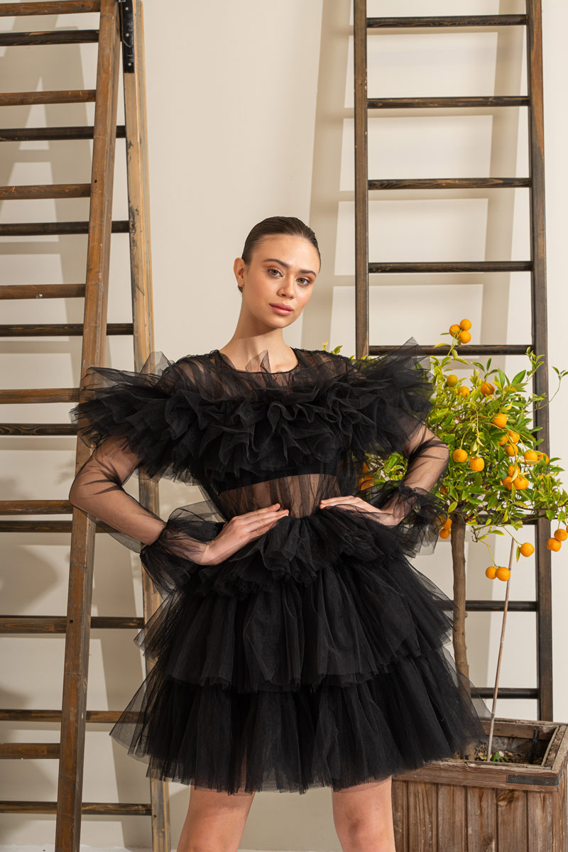 Volanlı Tül Siyah Bisiklet Yaka Mini Elbise