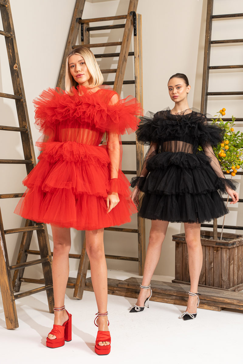 Volanlı Tül Siyah Bisiklet Yaka Mini Elbise