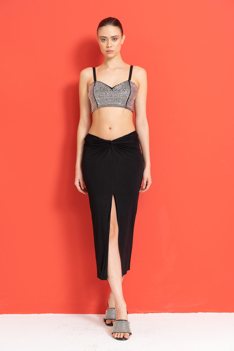 Black Ruched Split-Front Skirt