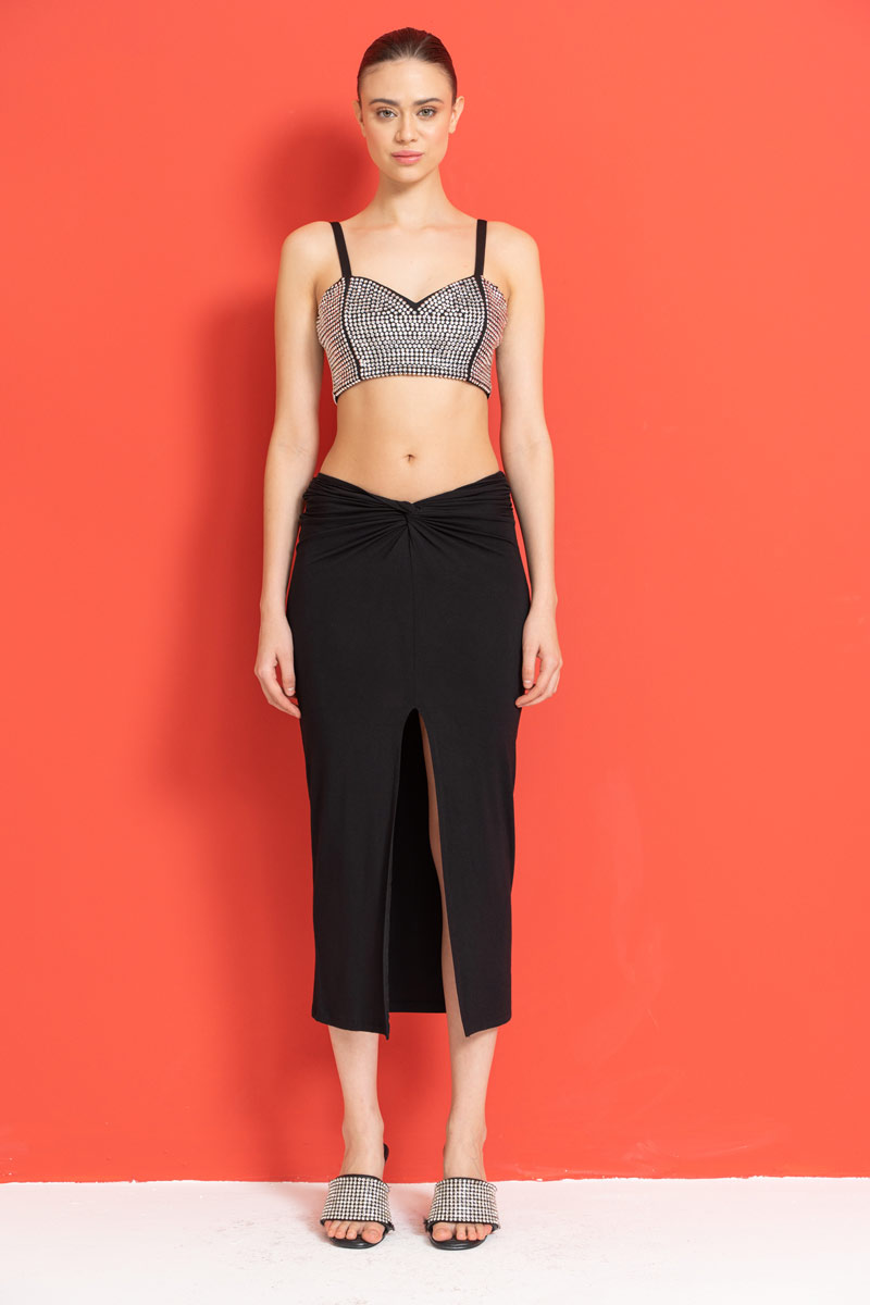 Black Ruched Split-Front Skirt