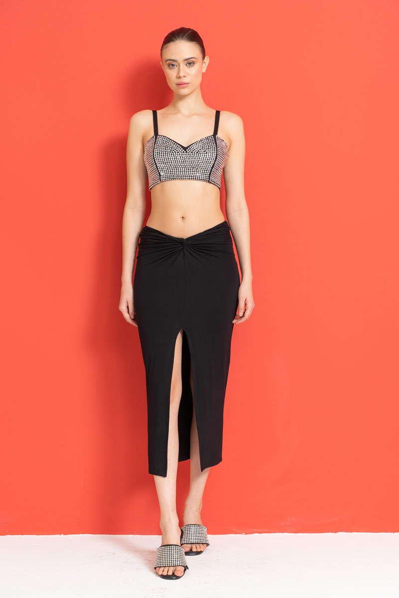 Black Ruched Split-Front Skirt