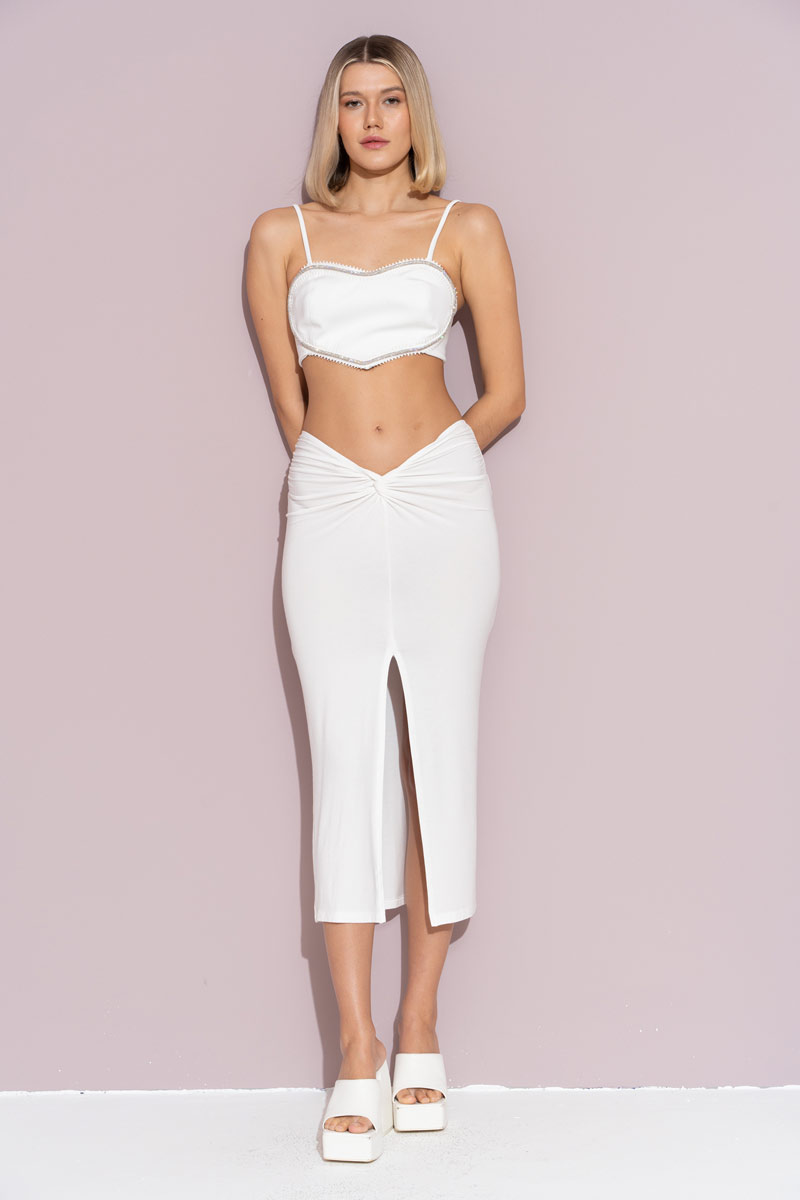 Offwhite Ruched Split-Front Skirt