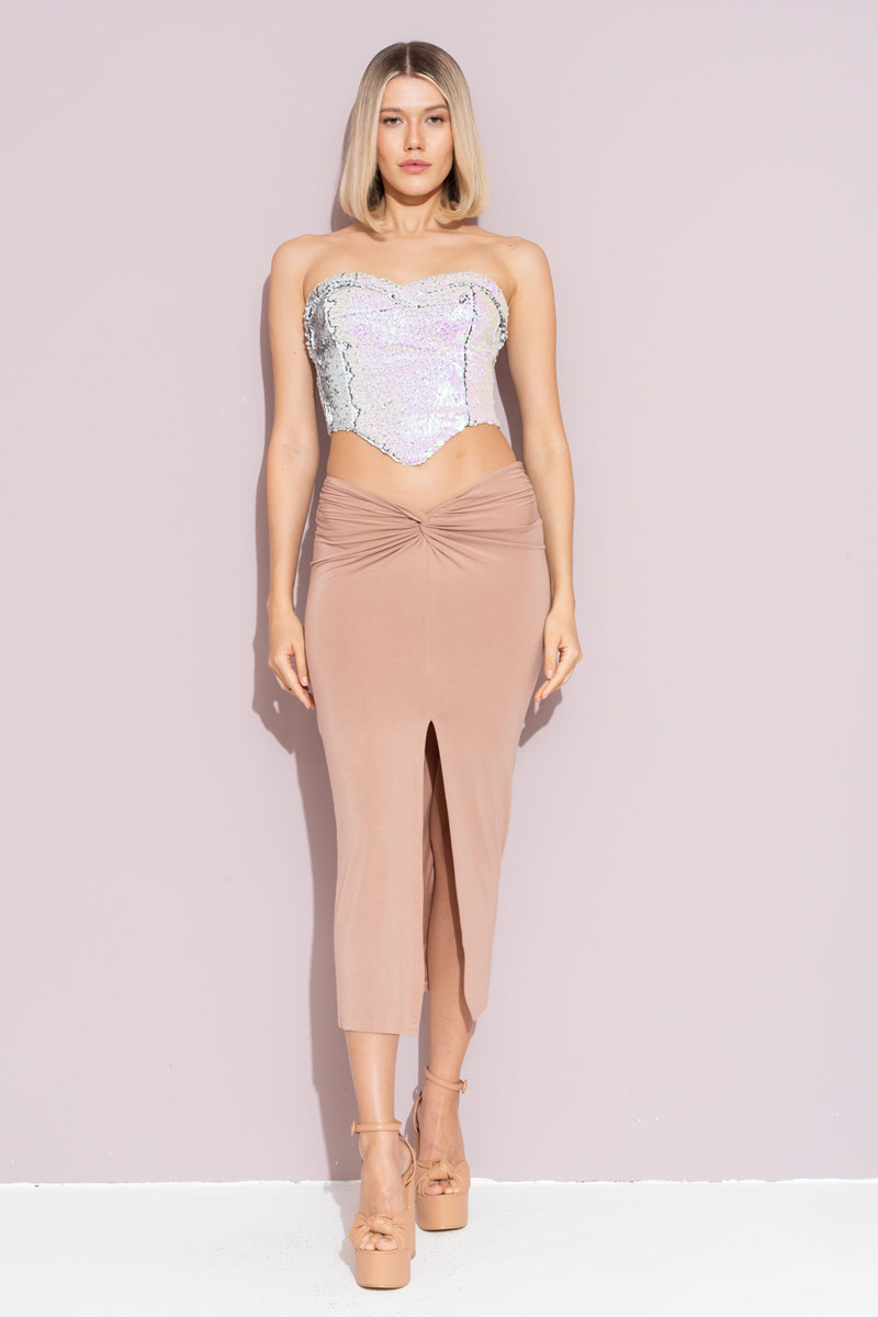 Caramel Ruched Split-Front Skirt