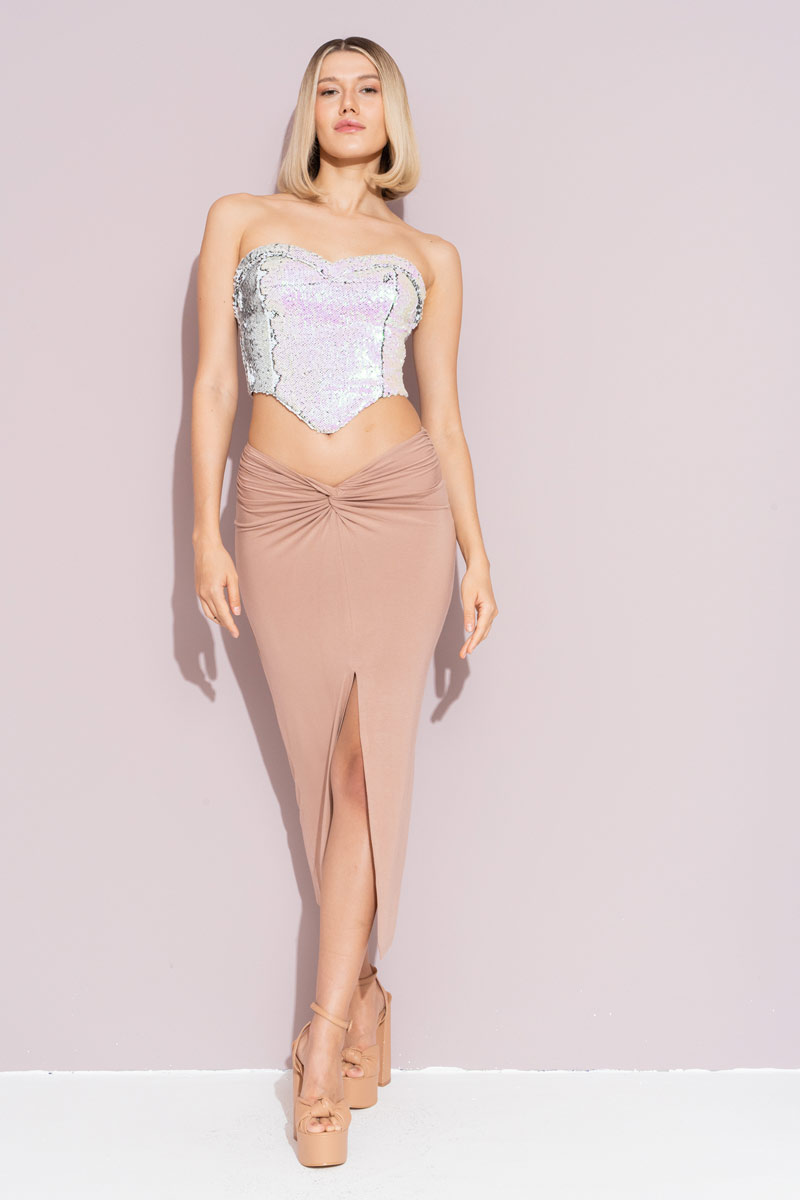 Caramel Ruched Split-Front Skirt