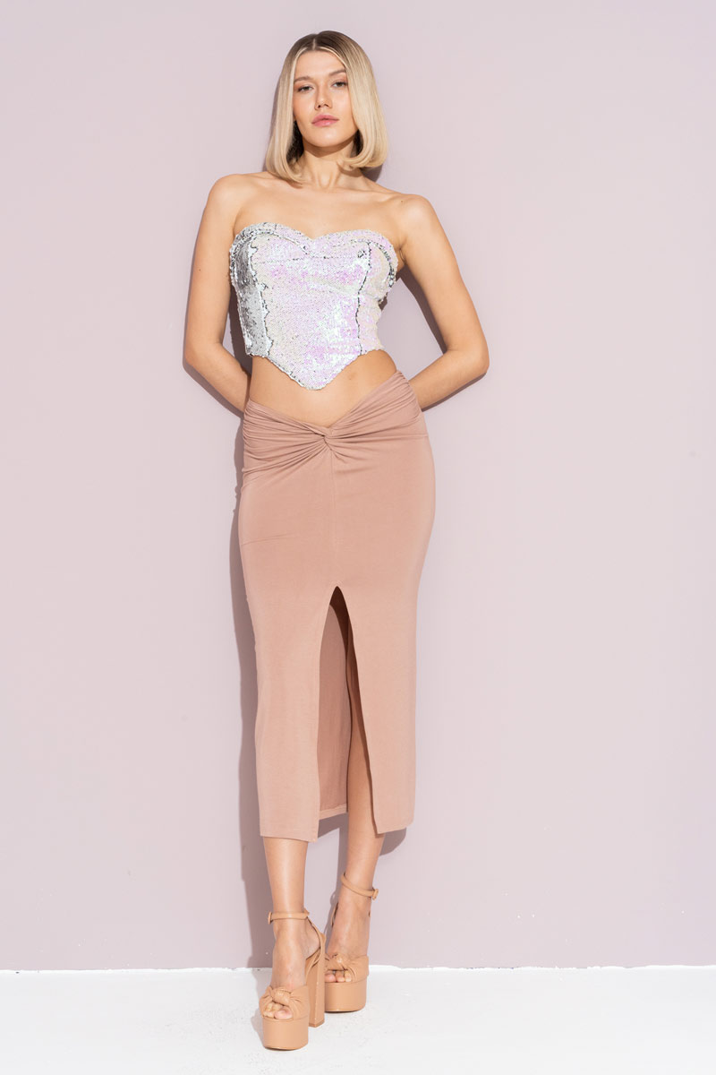 Caramel Ruched Split-Front Skirt