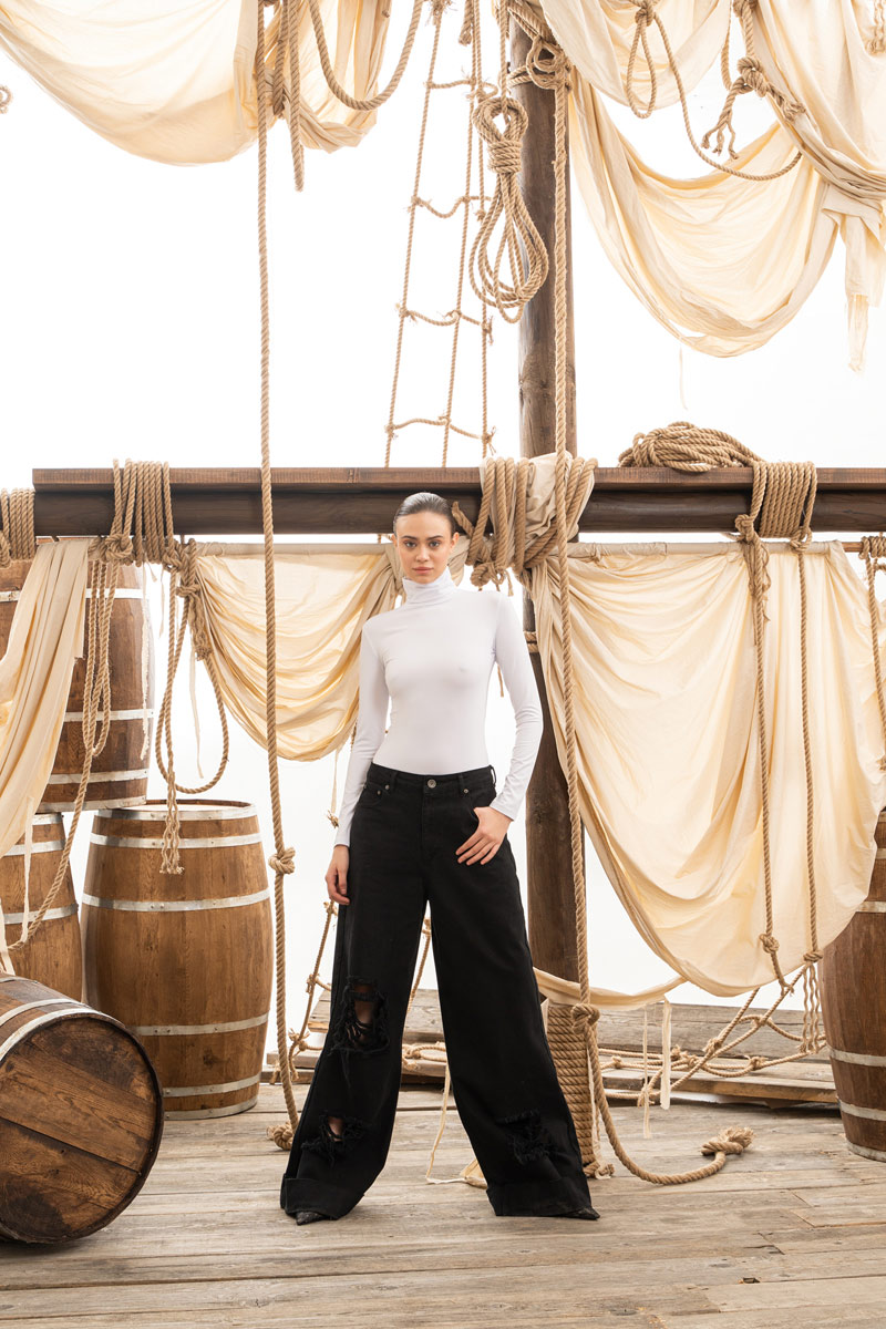 Slim Fit Long Sleeve Roll Neck White Top