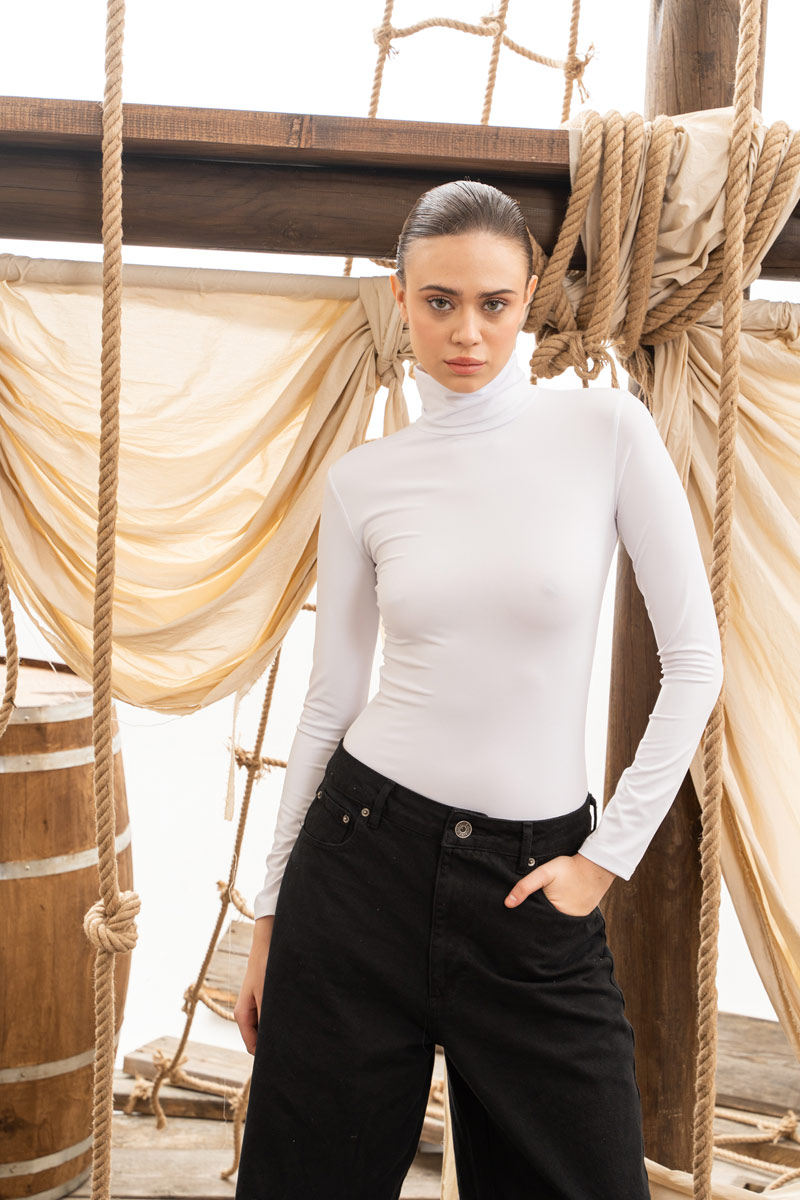 Slim Fit Long Sleeve Roll Neck White Top