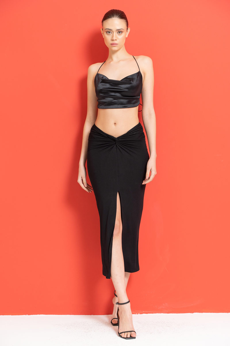 Black Ruched Split-Front Skirt